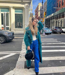 Teal CULT MIA X LALO pearl embroidered mohair coat, front view showing intricate embroidery and cozy wool-blend fabric.