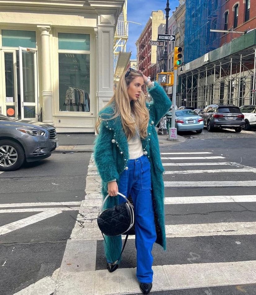 Teal CULT MIA X LALO pearl embroidered mohair coat, front view showing intricate embroidery and cozy wool-blend fabric.
