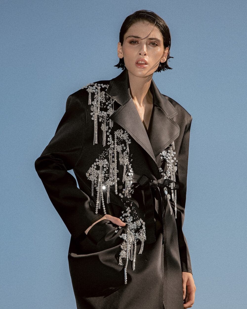 Lalo embellished silk-blend coat in XS with intricate detailing, showcasing a luxurious and stylish outerwear piece.