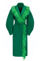 Lalo feather-detailed green belted wool coat featuring a tailored fit and feather accents, perfect for stylish winterwear.