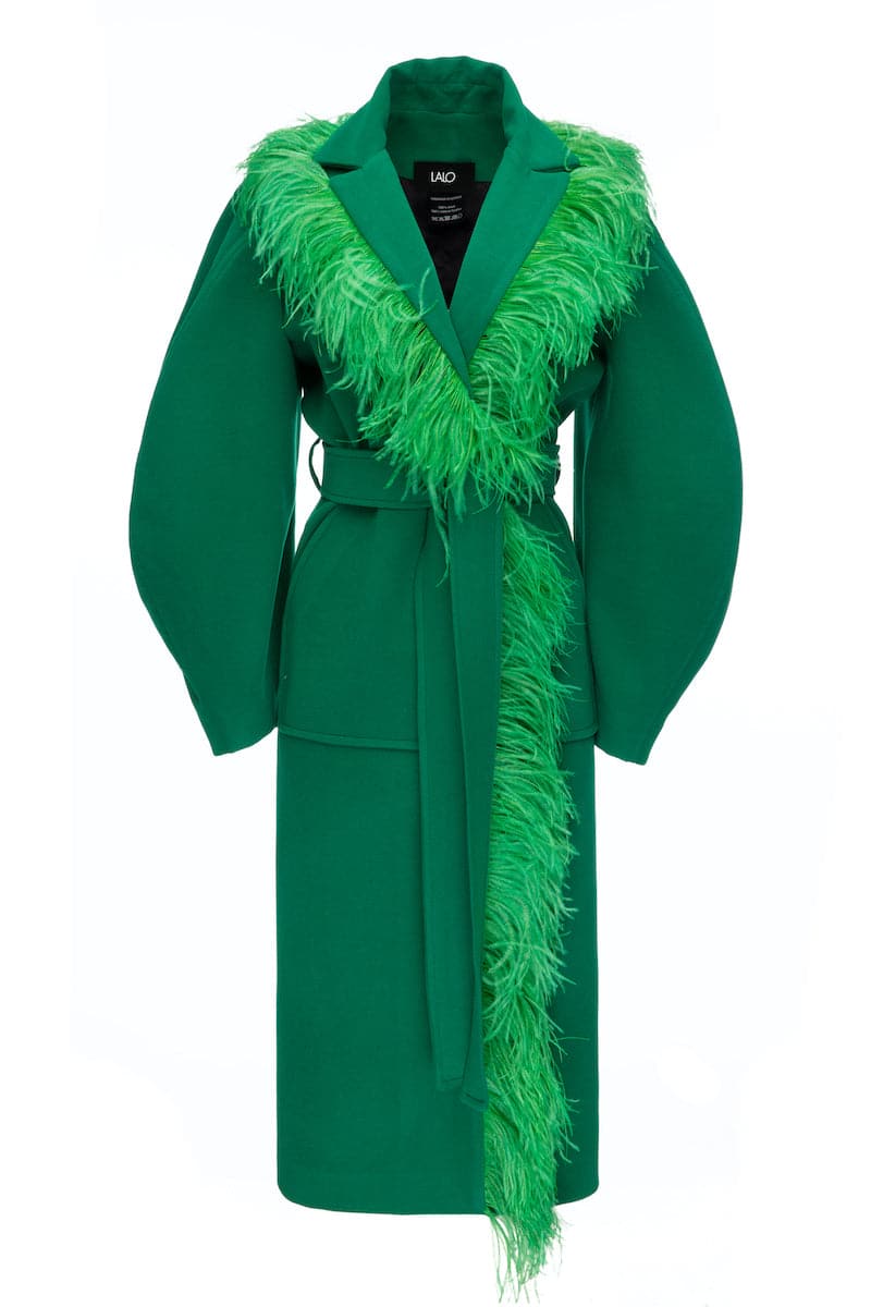 Lalo feather-detailed green belted wool coat featuring a tailored fit and feather accents, perfect for stylish winterwear.