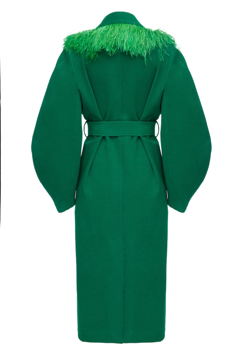 Green belted wool coat with feather detailing by Lalo, shown in a close-up view highlighting the fabric and belt design.