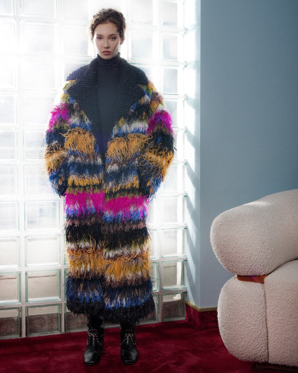 Lalo fringed mohair coat in XS, featuring a luxurious fuzzy texture and stylish fringe detailing on a warm winter coat.