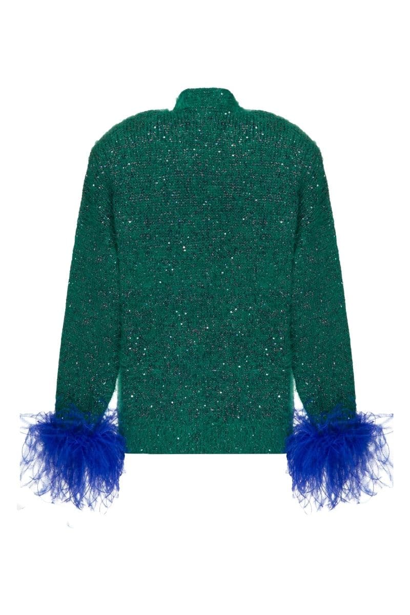 GREEN CARDIGAN WITH BLUE FEATHER-DETAILING | Lalo | CULT MIA