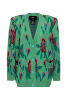 Lalo green floral detail wool and mohair-blend cardigan, cozy knit with floral accents, displayed on a neutral background.