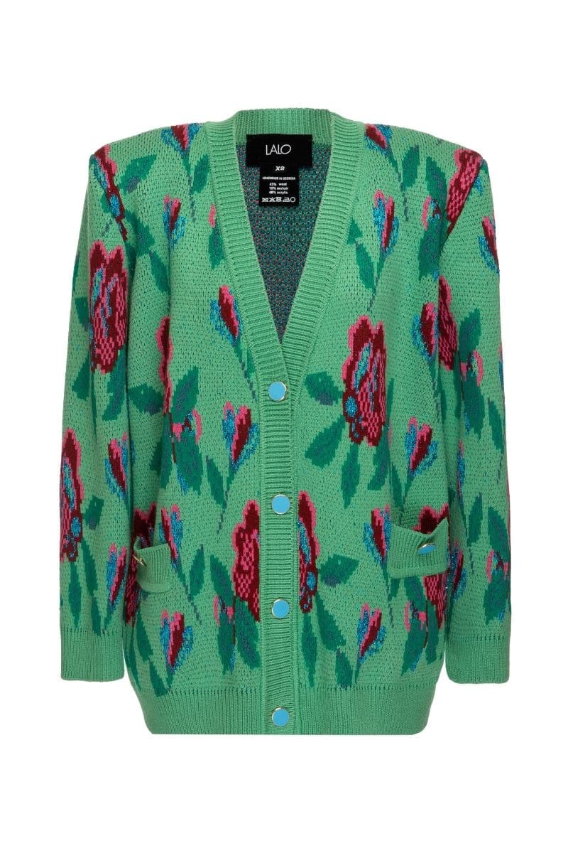 Lalo green floral detail wool and mohair-blend cardigan, cozy knit with floral accents, displayed on a neutral background.