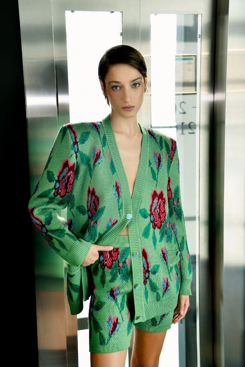 Lalo green floral detail wool and mohair-blend cardigan, front view showing intricate floral pattern and soft texture.