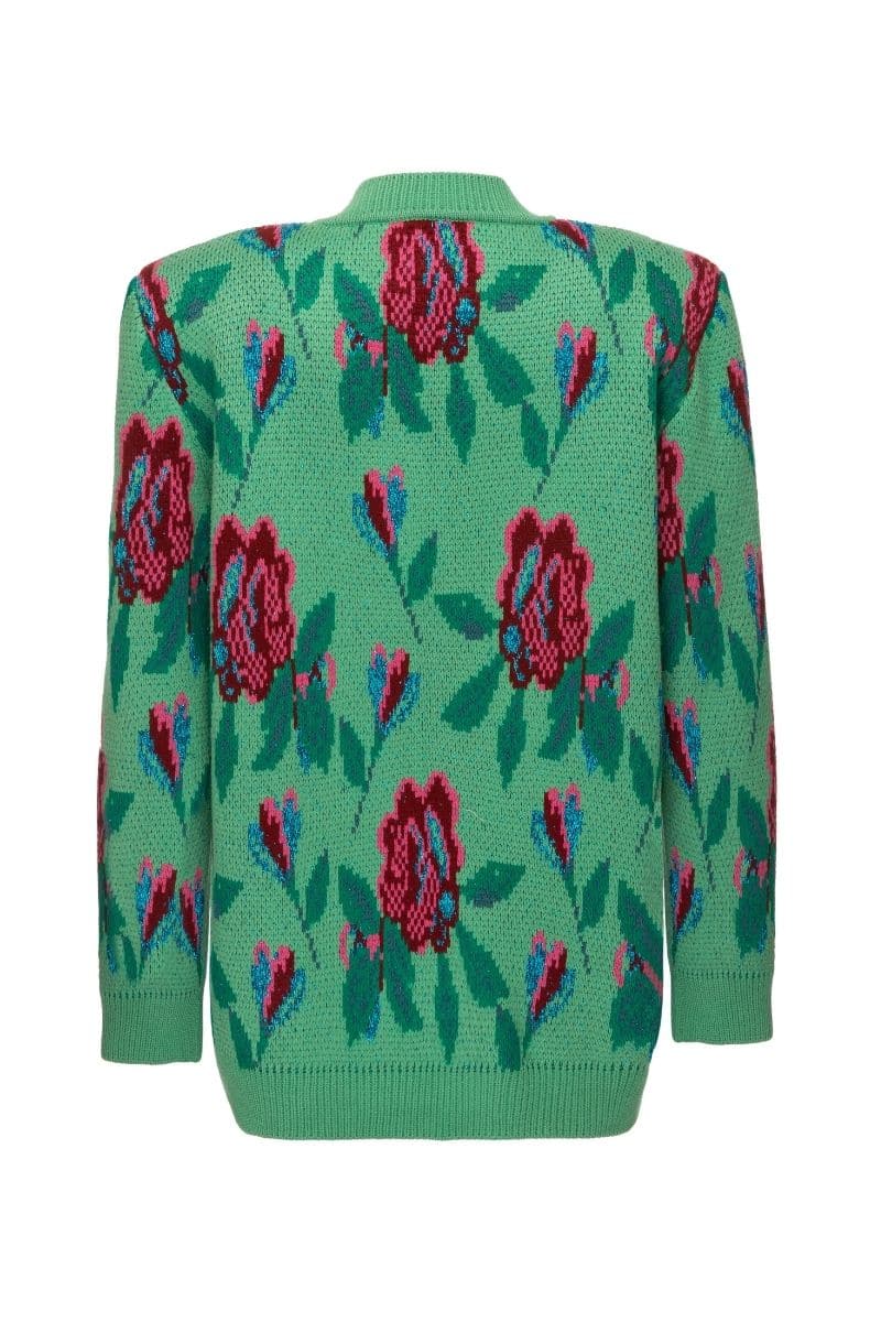 Lalo green floral detail wool and mohair-blend cardigan, XS, featuring vibrant floral patterns and cozy knit texture.