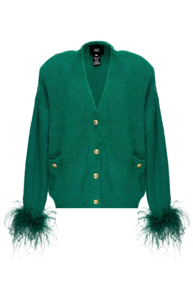 GREEN WOOL-BLEND CARDIGAN WITH GREEN FEATHER-DETAILING | Lalo | CULT MIA