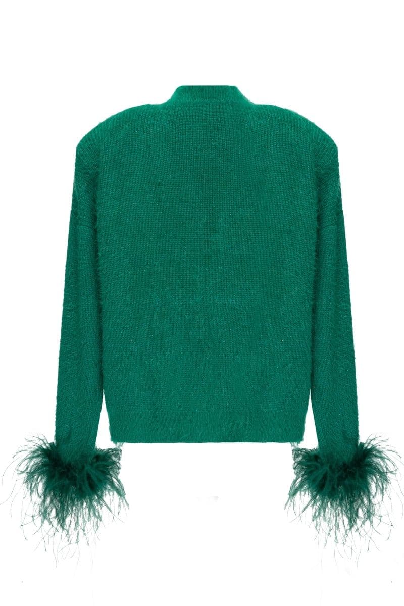 GREEN WOOL-BLEND CARDIGAN WITH GREEN FEATHER-DETAILING | Lalo | CULT MIA