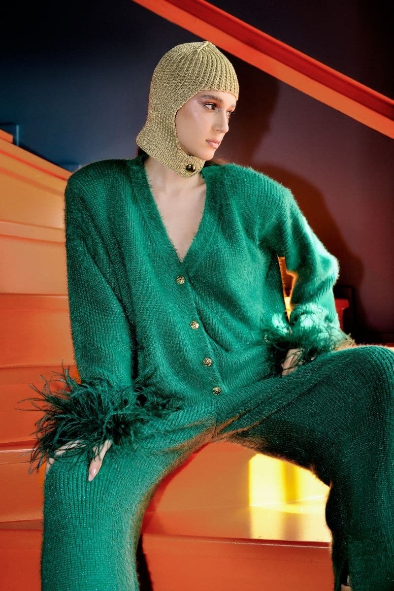 GREEN WOOL-BLEND CARDIGAN WITH GREEN FEATHER-DETAILING | Lalo | CULT MIA
