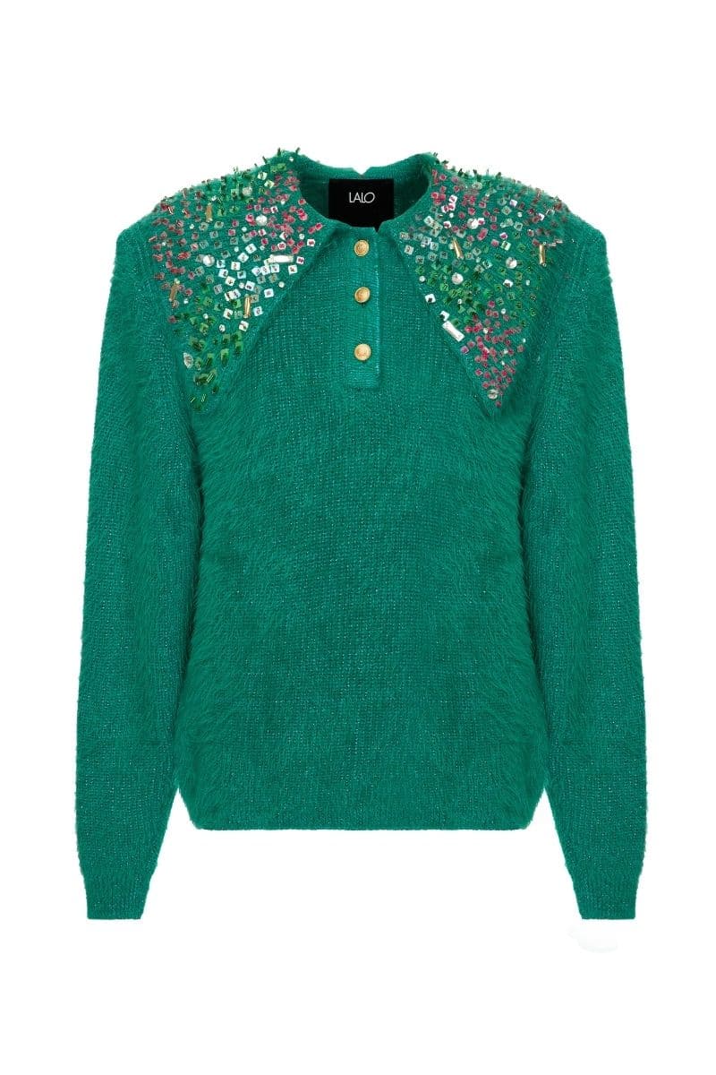 GREEN WOOL-BLEND SWEATER WITH COLLAR DETAILING | Lalo | CULT MIA