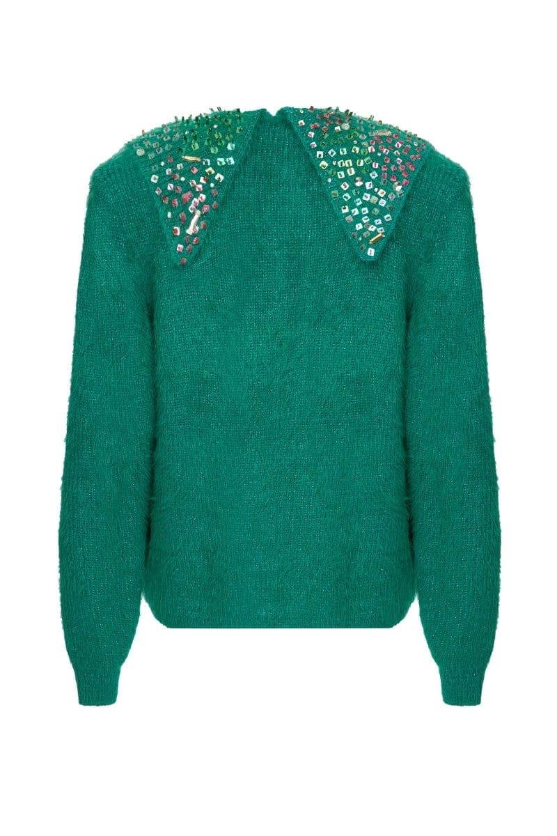GREEN WOOL-BLEND SWEATER WITH COLLAR DETAILING | Lalo | CULT MIA