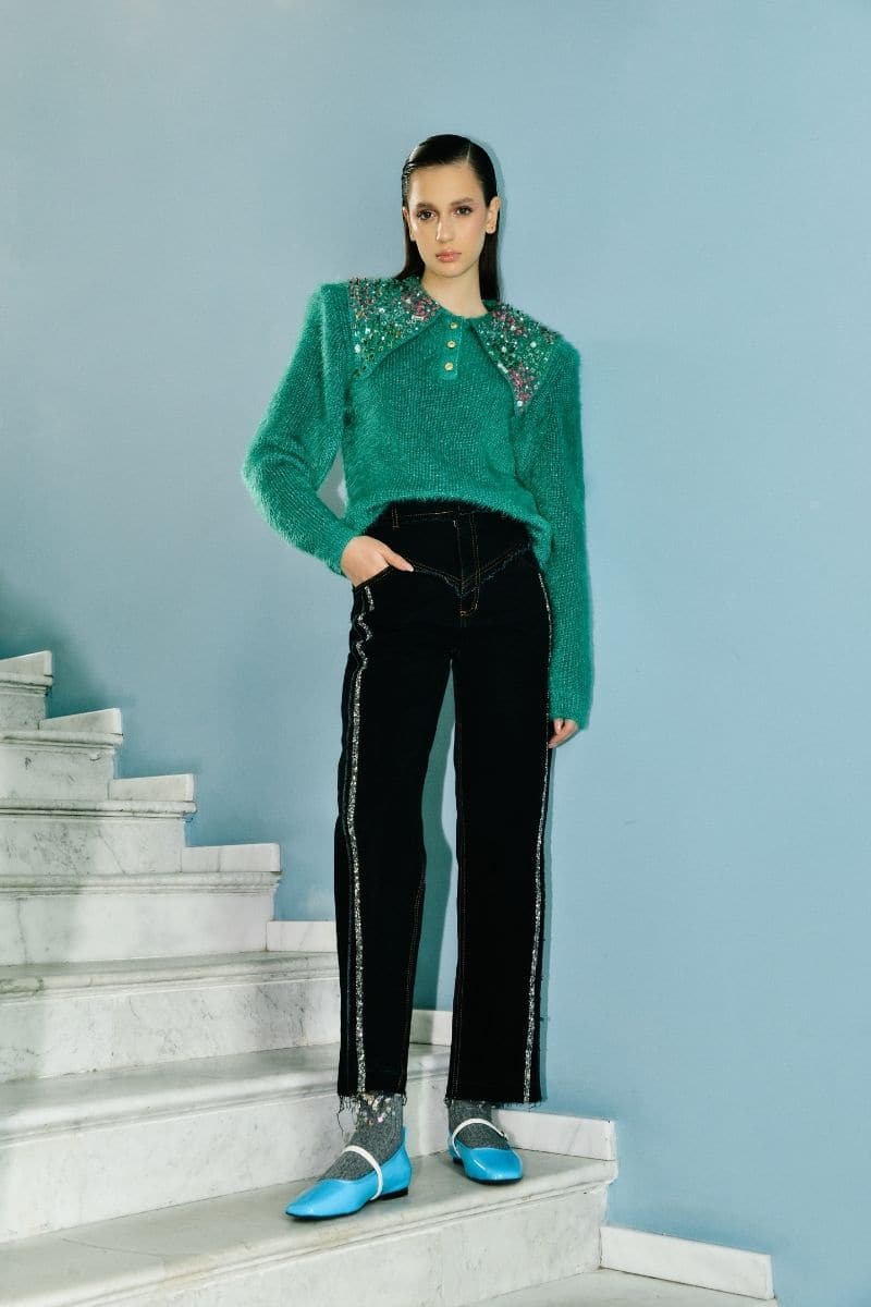 GREEN WOOL-BLEND SWEATER WITH COLLAR DETAILING | Lalo | CULT MIA
