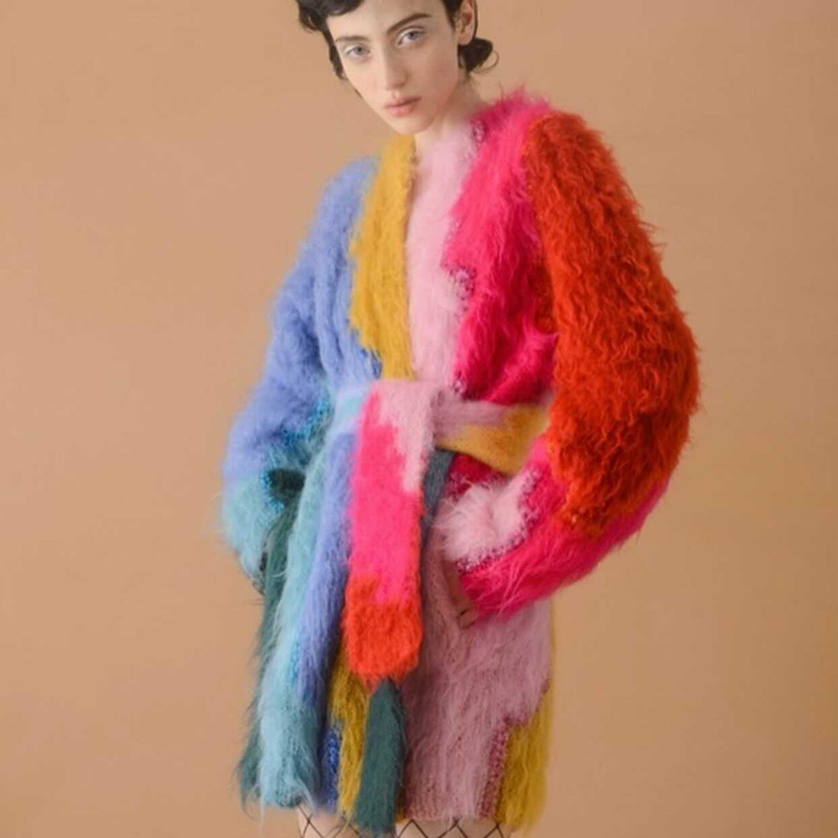 Lalo oversized belted mohair cardigan in soft, chunky knit with a waist belt, displayed on a neutral background.