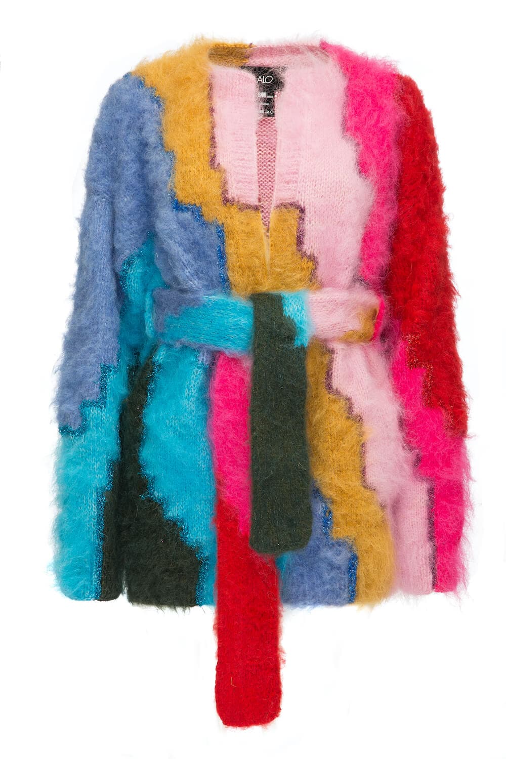 Lalo oversized belted mohair cardigan in soft, fluffy knit with a waist belt and relaxed fit, shown in XS size.