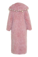 Lalo pearl embroidered mohair coat in powder pink, showcasing intricate pearl embroidery and soft, luxurious mohair fabric.