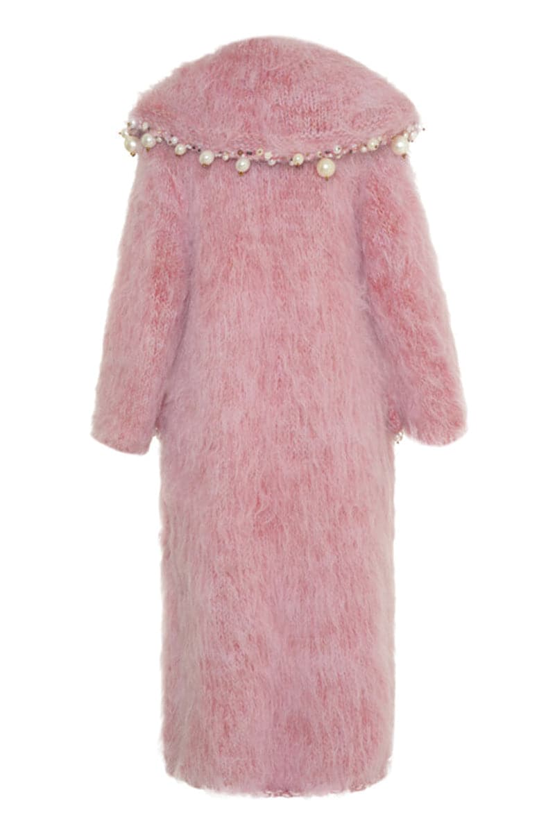 Lalo pearl embroidered mohair coat in powder pink, showcasing intricate pearl embroidery and soft, luxurious mohair fabric.