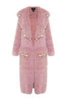 Powder pink Lalo pearl embroidered mohair coat with intricate pearl embroidery, stylish and cozy for winter wear.