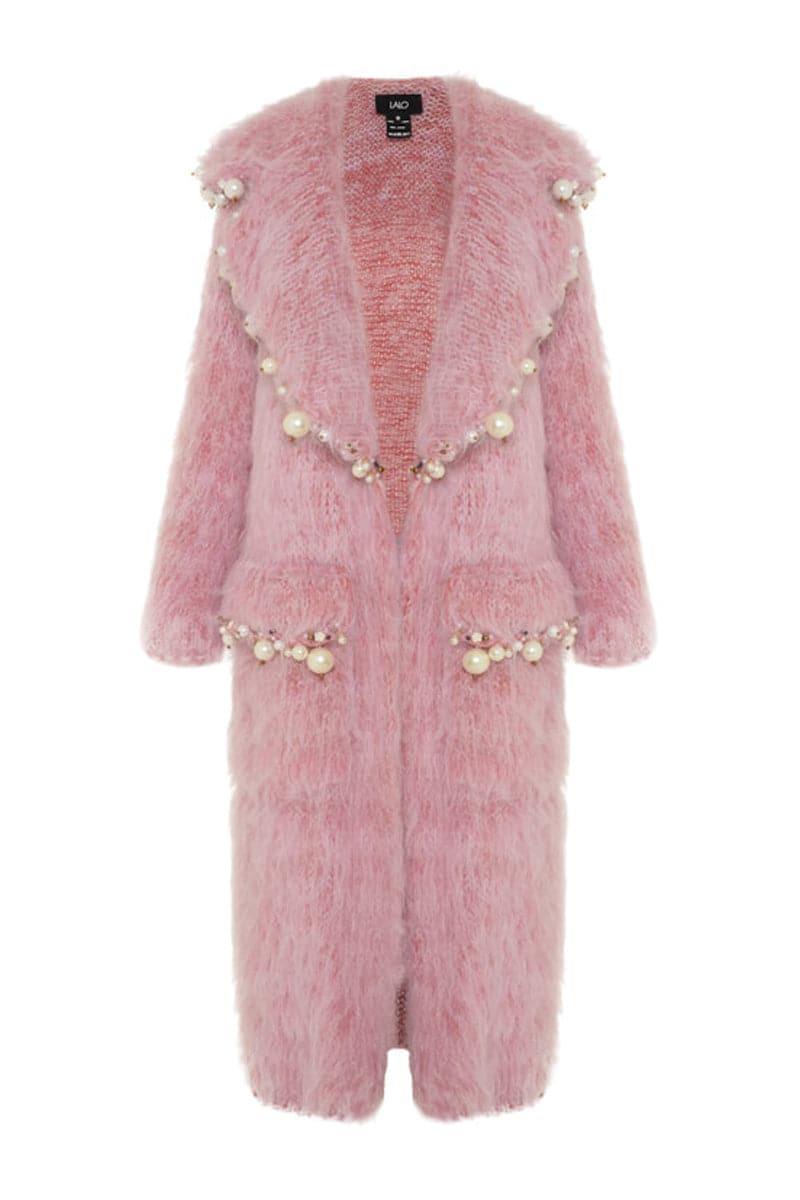 Powder pink Lalo pearl embroidered mohair coat with intricate pearl embroidery, stylish and cozy for winter wear.