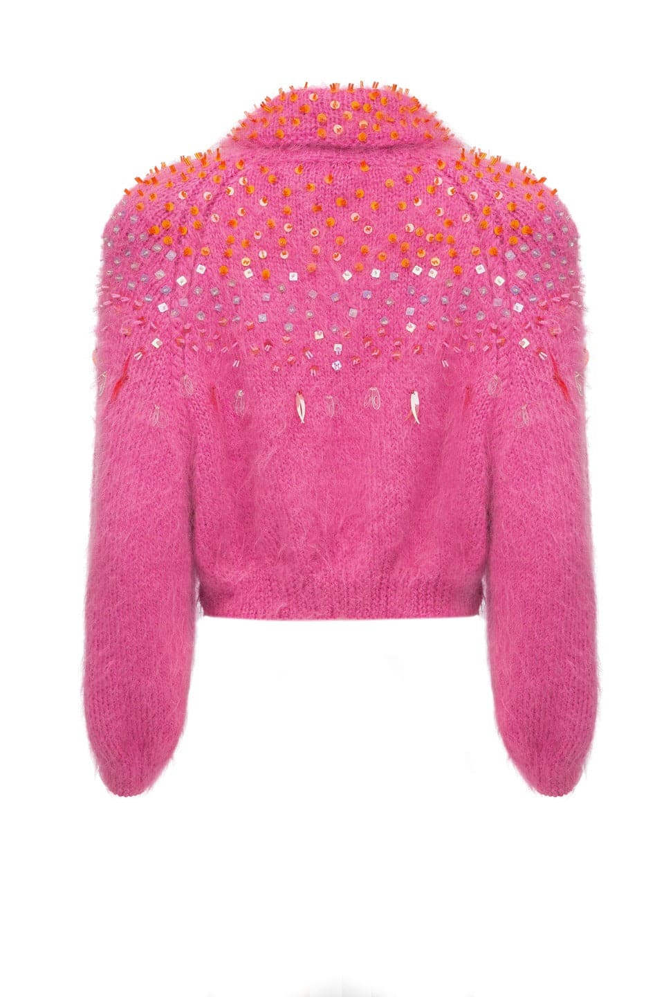 Pink embellished mohair cardigan by Lalo, featuring soft texture and decorative details, displayed on a model.