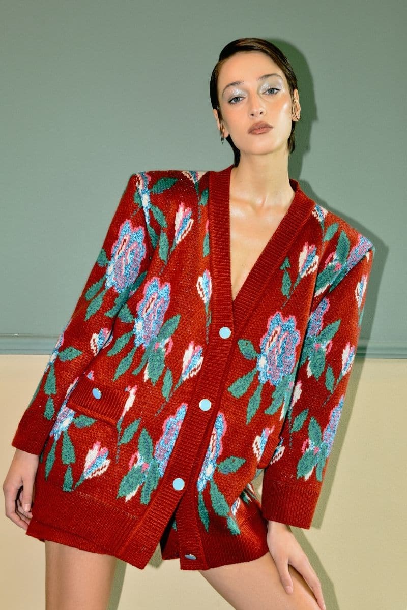 Red floral detail wool and mohair blend cardigan by Lalo, showcasing a cozy jacket with floral accents and textured knit fabric.