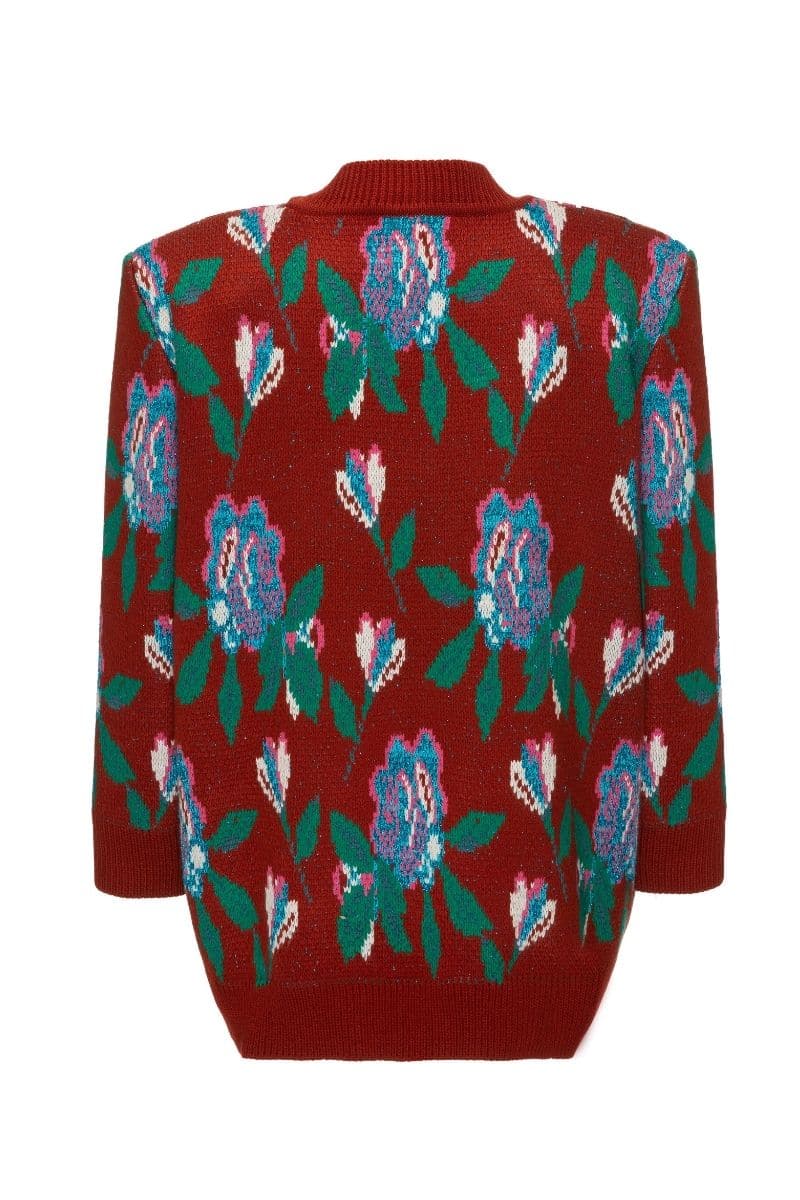 Lalo red floral detail wool and mohair blend cardigan, casual jacket with vibrant floral accents, cozy and stylish for women.