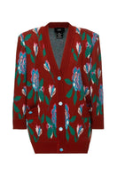 Lalo red floral detail wool and mohair-blend cardigan, XS size, showcasing vibrant floral accents and cozy knit texture.