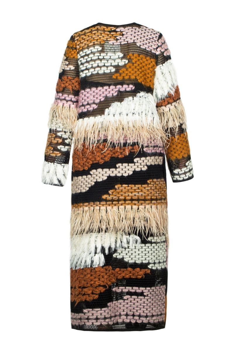 Lalo wool-blend fringed long-line brown cardigan displayed on a model, featuring a cozy, stylish design with fringe details.