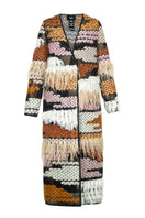 Brown wool-blend long-line cardigan with fringe, designed by Lalo, featuring a cozy, relaxed fit and stylish details.