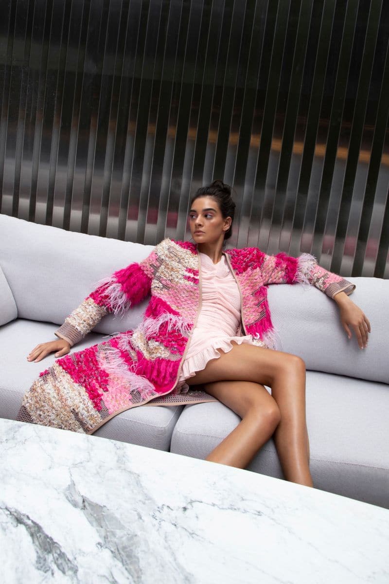 WOOL-BLEND FRINGED LONG-LINE BUBBLEGUM CARDIGAN | Lalo | CULT MIA