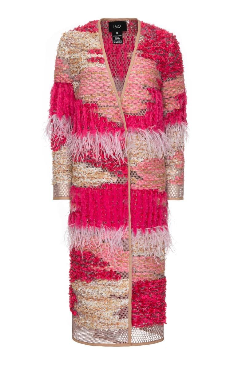 WOOL-BLEND FRINGED LONG-LINE BUBBLEGUM CARDIGAN | Lalo | CULT MIA