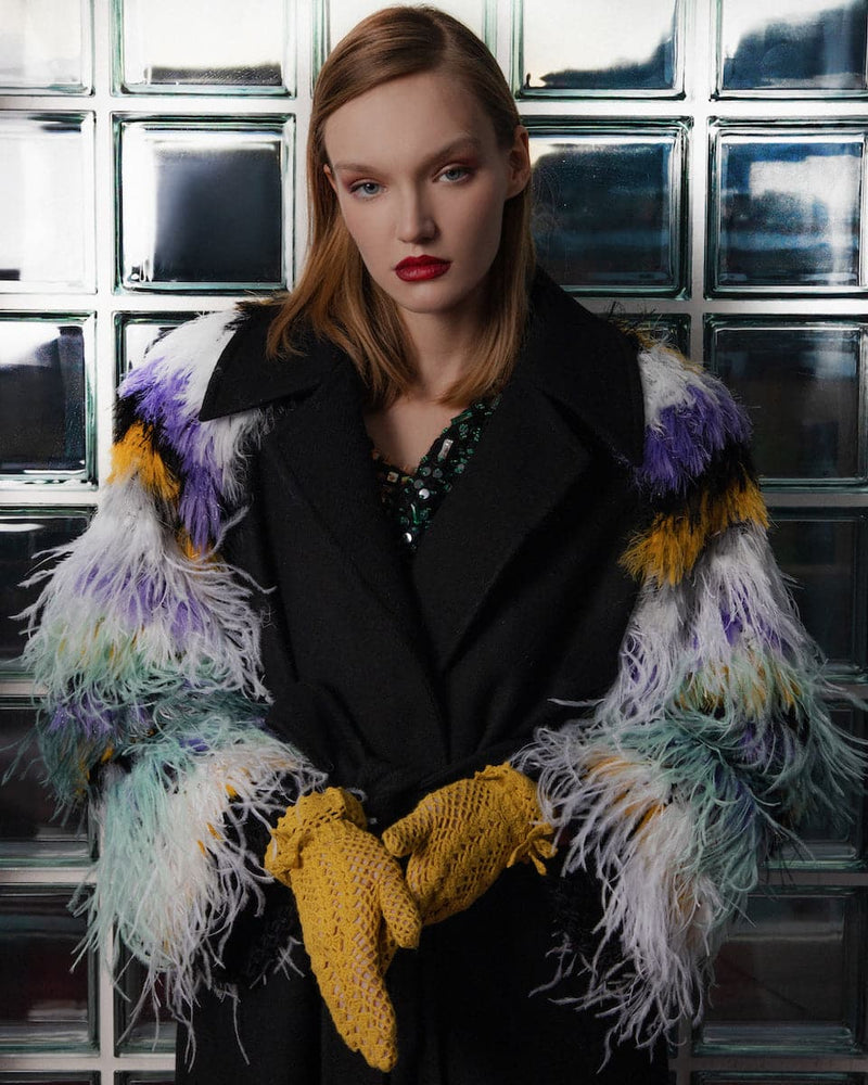 WOOL COAT WITH FEATHER-DETAILED SLEEVES | Lalo | CULT MIA