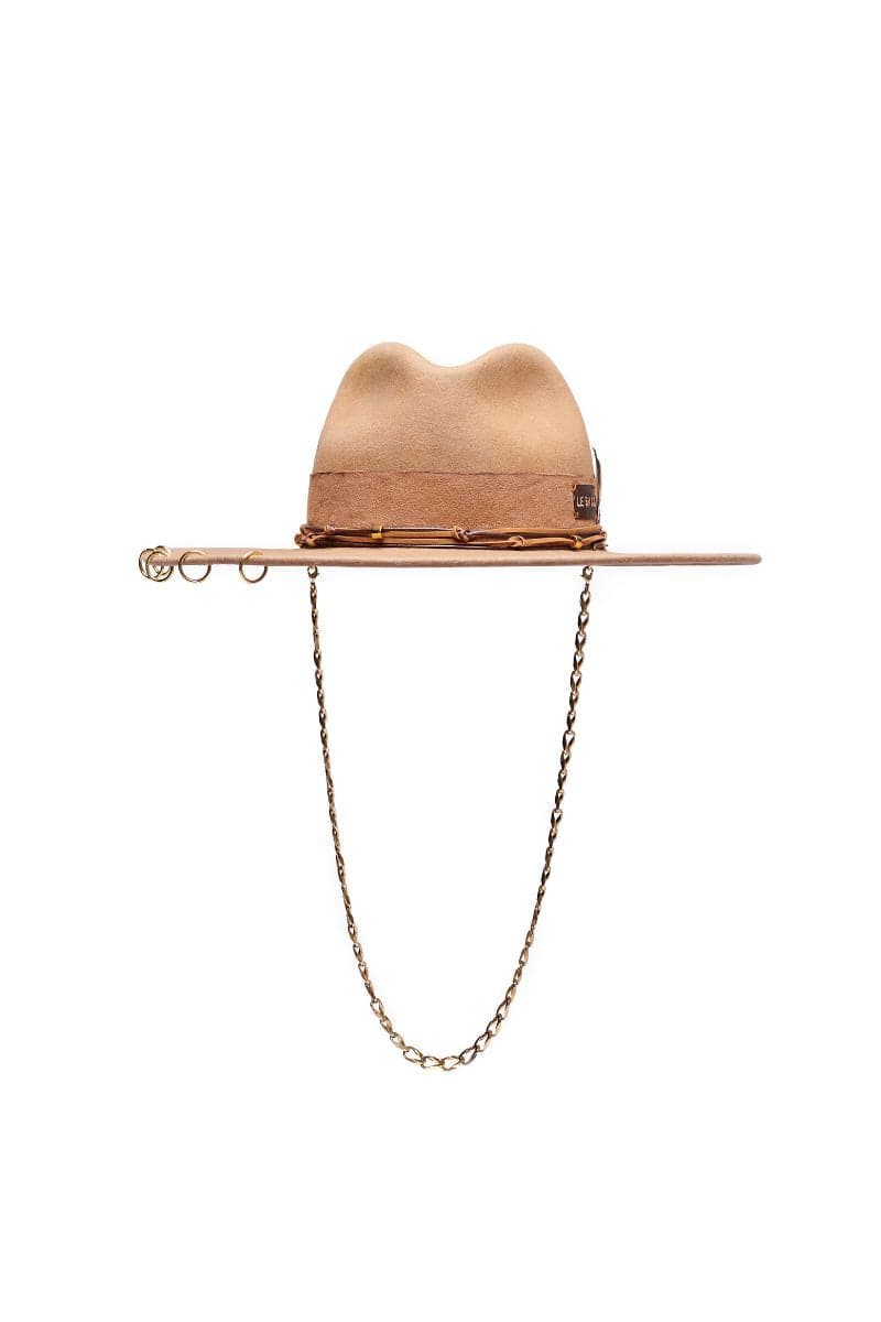 Beige fire felt hat by LE SH KA, stylish wide-brim hat with a classic design and soft texture, perfect for fall and winter wear.