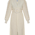 White belted Liya cardigan with knit sleeves, featuring a stylish button-up front and a cozy, casual fit.