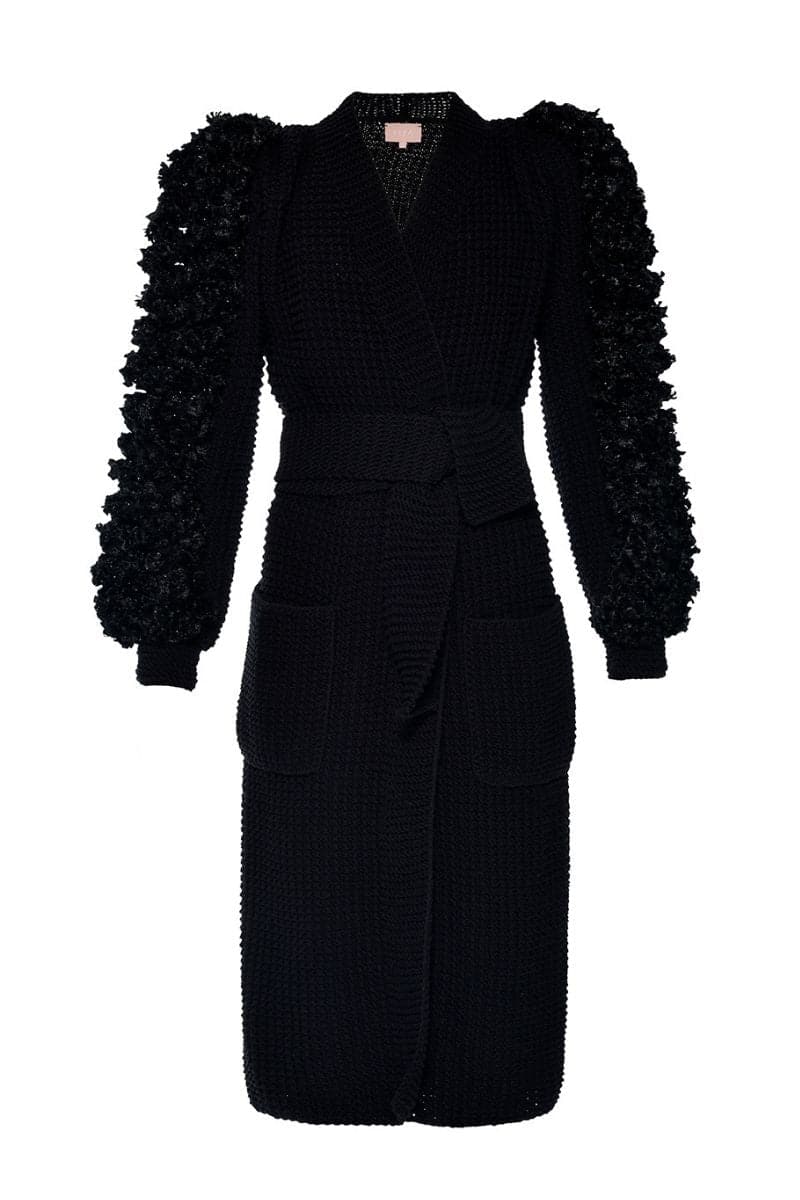 Black Liya statement sleeves cardigan featuring bold, dramatic sleeve design, perfect for stylish layered looks.