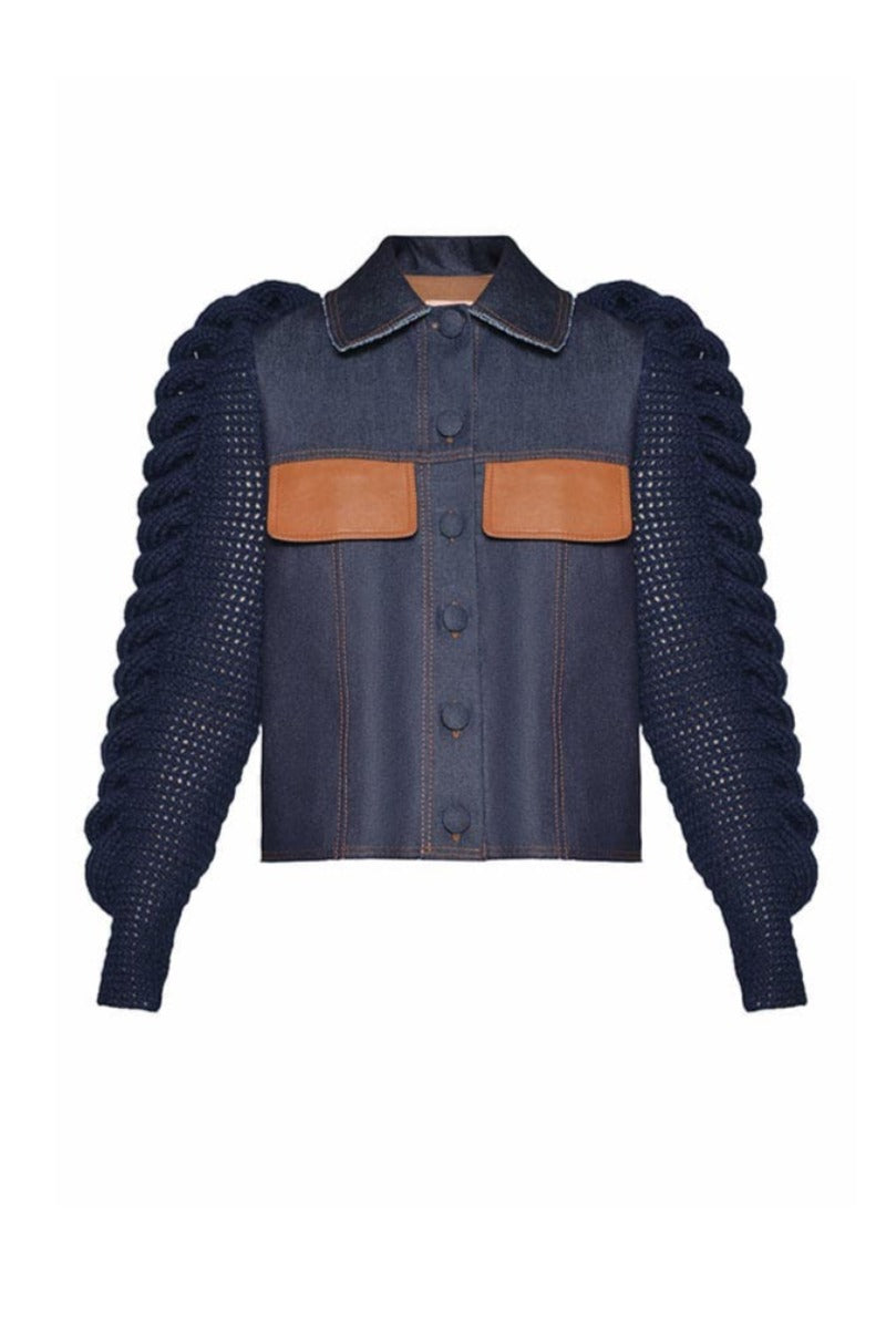 Navy blue denim blazer with knitted sleeves from Liya, featuring a tailored fit and stylish design for a modern look.