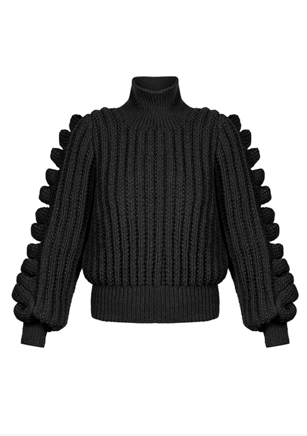 Black high-neck knitted sweater by Liya, featuring a cozy, stylish design perfect for cold weather.