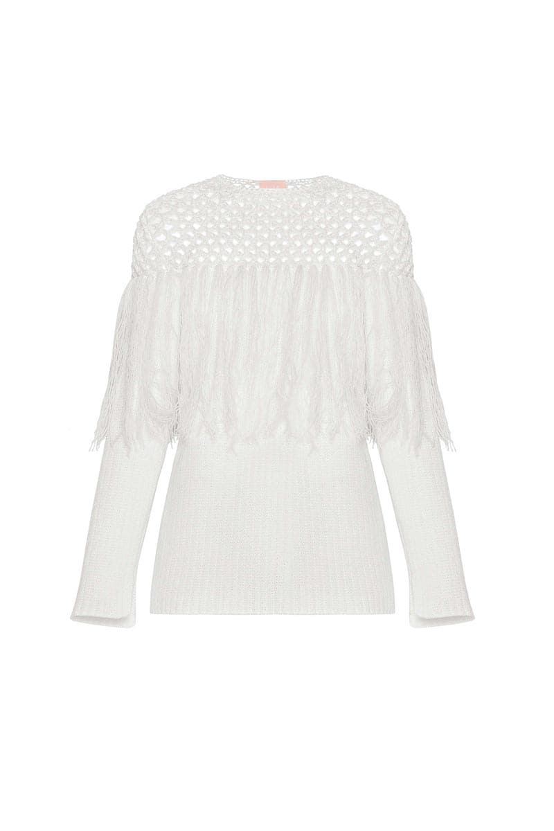 White knitted sweater with fringes by Liya, featuring cozy, textured knit and stylish fringe details.