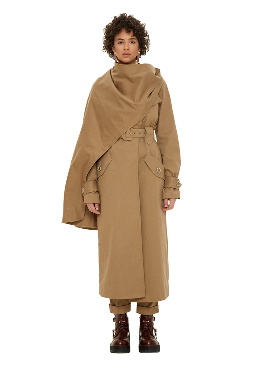 Liya Safari Trench Coat in brown, stylish long coat with classic design and button details, suitable for casual or formal wear.