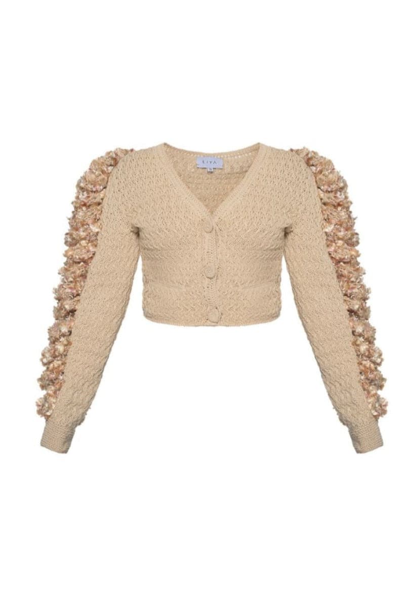 Liya sandy beige hand-knitted cardigan with long sleeves and button front, cozy and stylish for casual wear.
