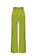 Liya wide-leg satin pants in lime green, featuring a relaxed fit and smooth, shiny fabric, perfect for stylish casual wear.