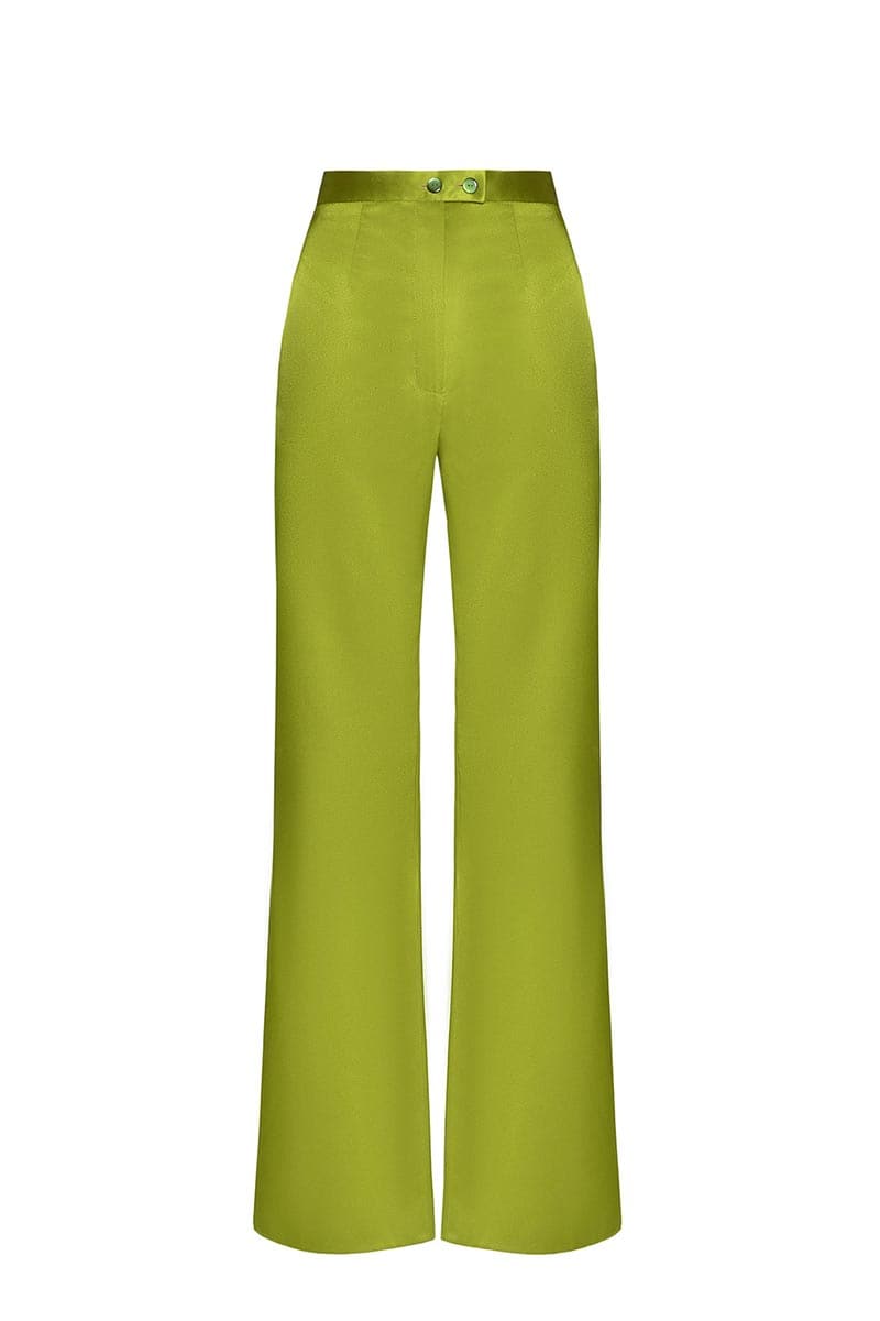 Liya wide-leg satin pants in lime green, featuring a relaxed fit and smooth, shiny fabric, perfect for stylish casual wear.