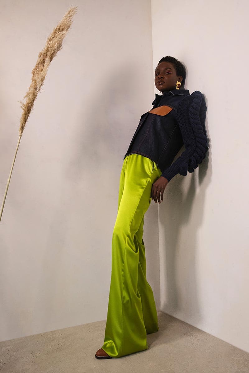 Liya wide-leg satin pants in lime green, with a relaxed fit and smooth, shiny fabric, shown on a model.