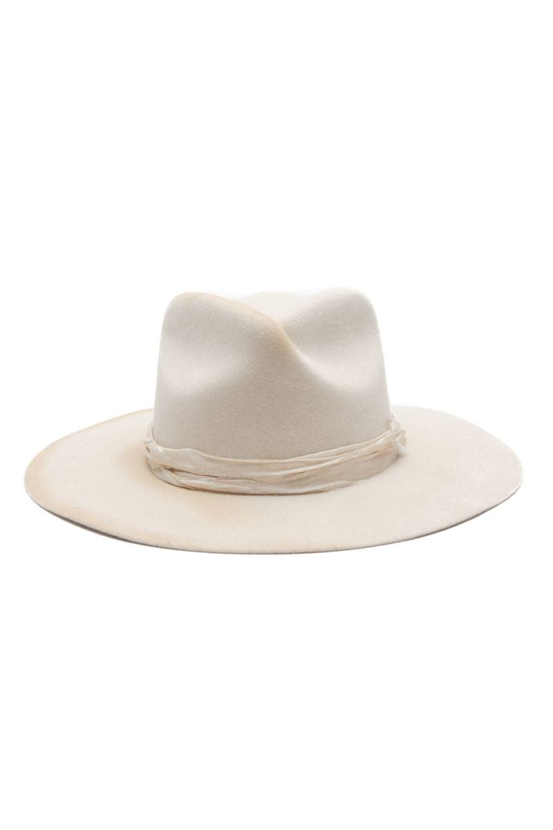 Off-white fedora hat by Modern Monarchie, stylish wide-brim hat with a textured band, perfect for fashionable sun protection.