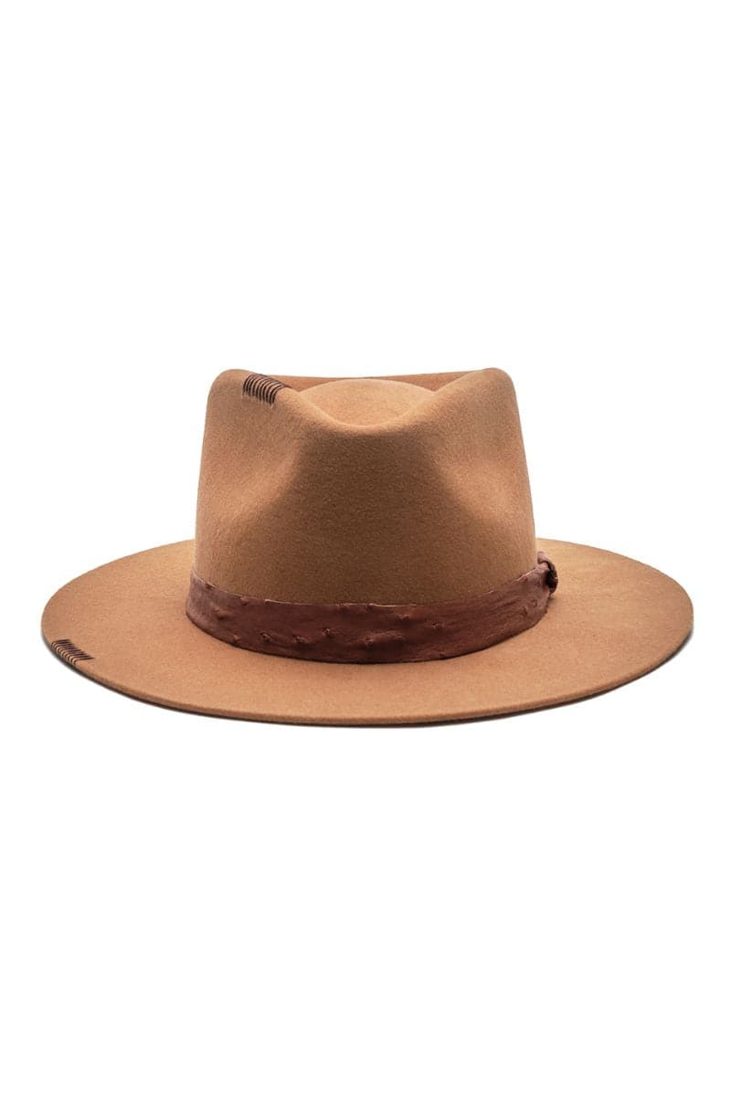 Modern Monarchie Bowie Brown Fedora Hat with a wide brim and classic design, shown from a side angle.