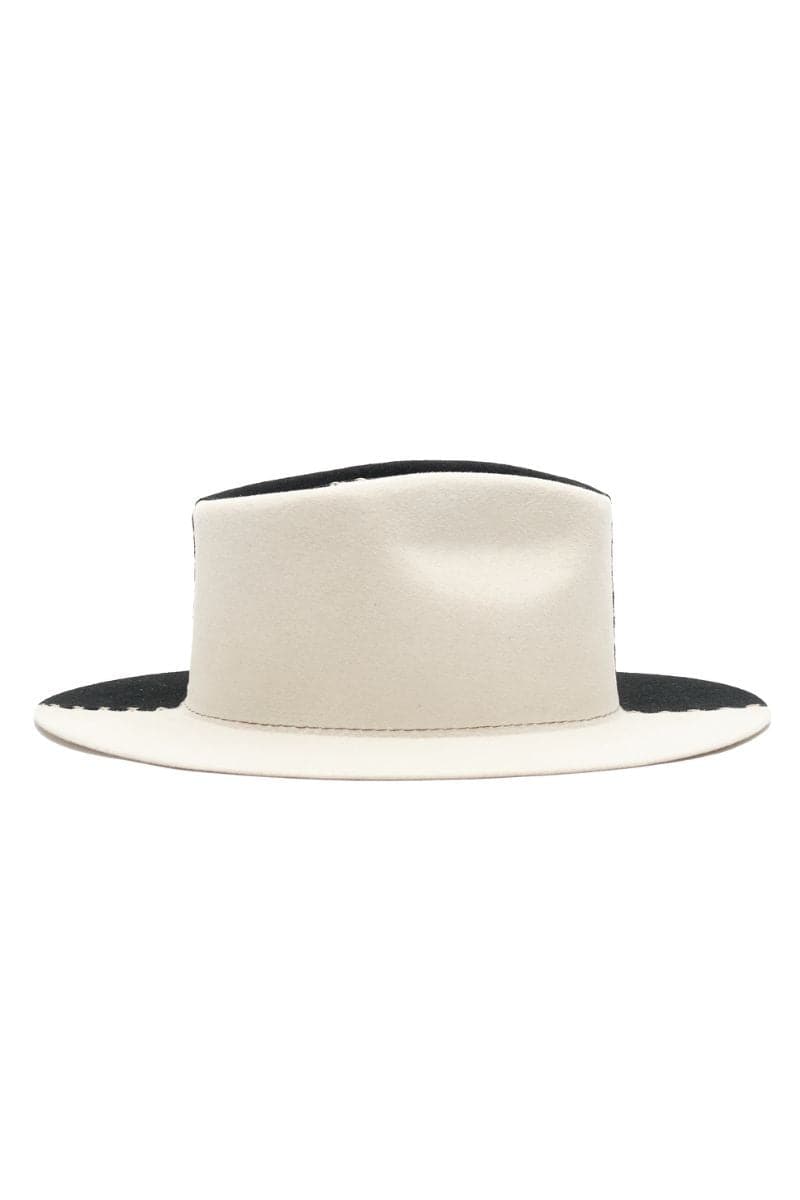 Modern Monarchie Carter two-tone fedora hat in white, gray, and brown with a classic brim and stylish design.