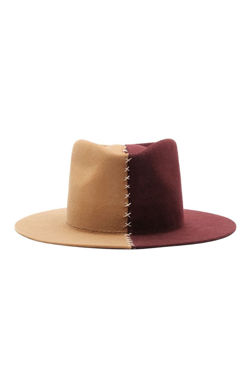 Modern Monarchie Louise brown two-tone fedora hat with camel and burgundy felt, stylish accessory for women.