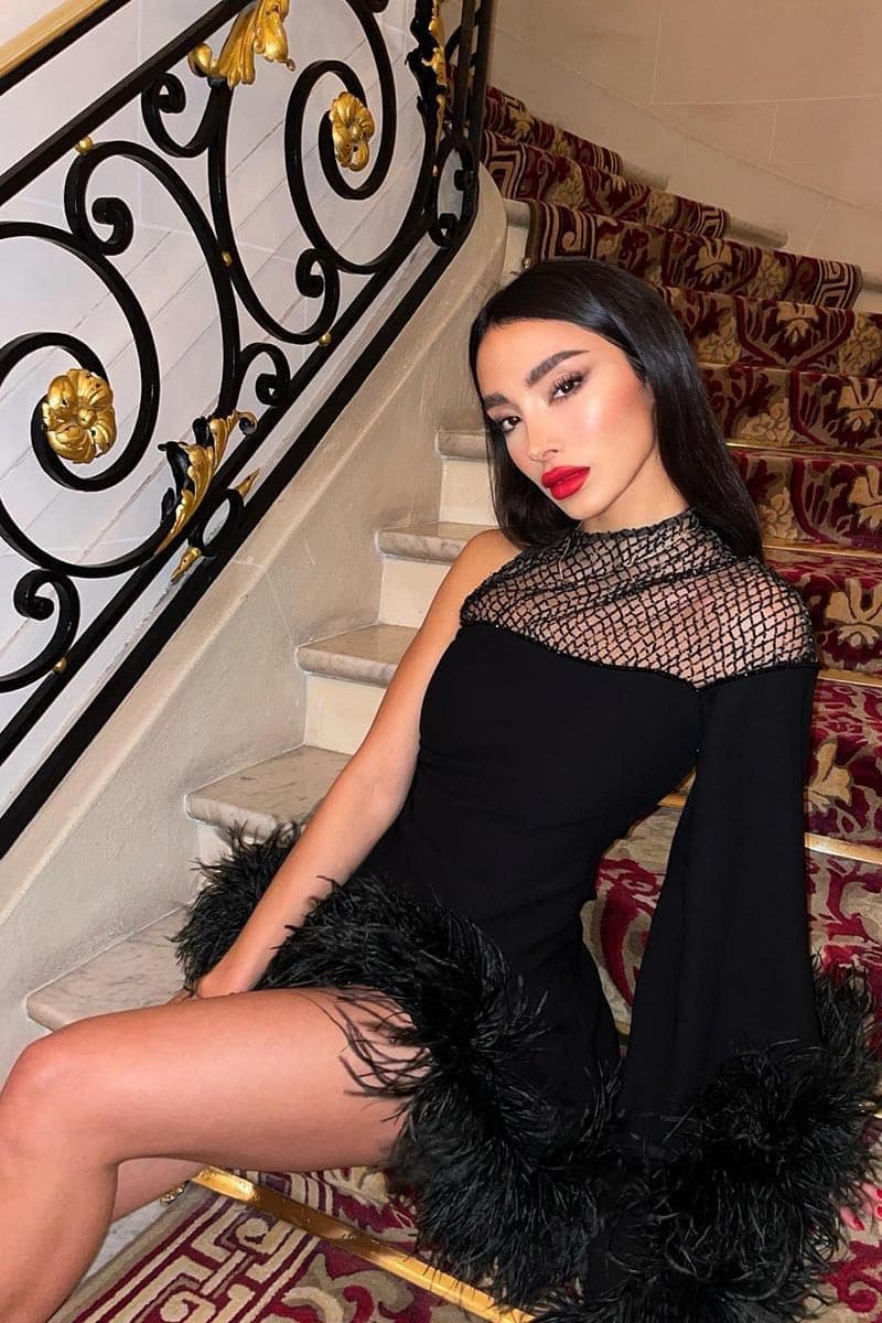 AURORA ASYMMETRIC DRAPED BLACK FEATHER DRESS | CULT MIA | Monika Dimova AURORA ASYMMETRIC DRAPED BLACK FEATHER DRESS | CULT MIA | Monika Dimova