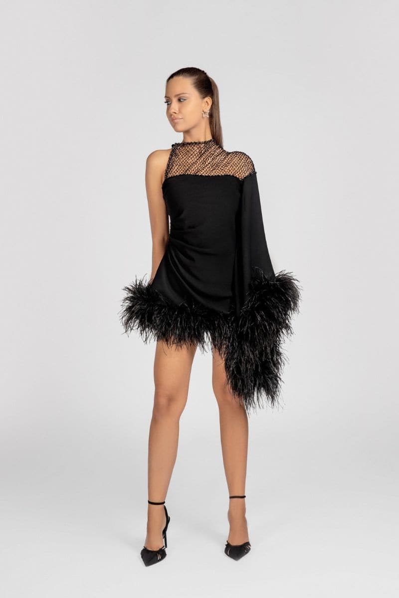Monika Dimova AURORA ASYMMETRIC DRAPED Black FEATHER DRESS | Cult Mia Monika Dimova AURORA ASYMMETRIC DRAPED Black FEATHER DRESS | Cult Mia